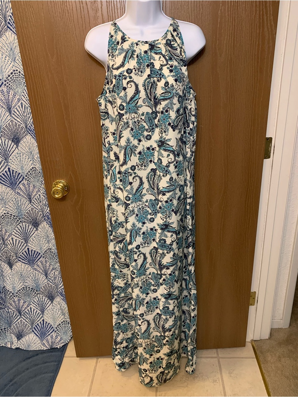 LOFT Cream Dress - Teal/Navy Floral Print Size 8
